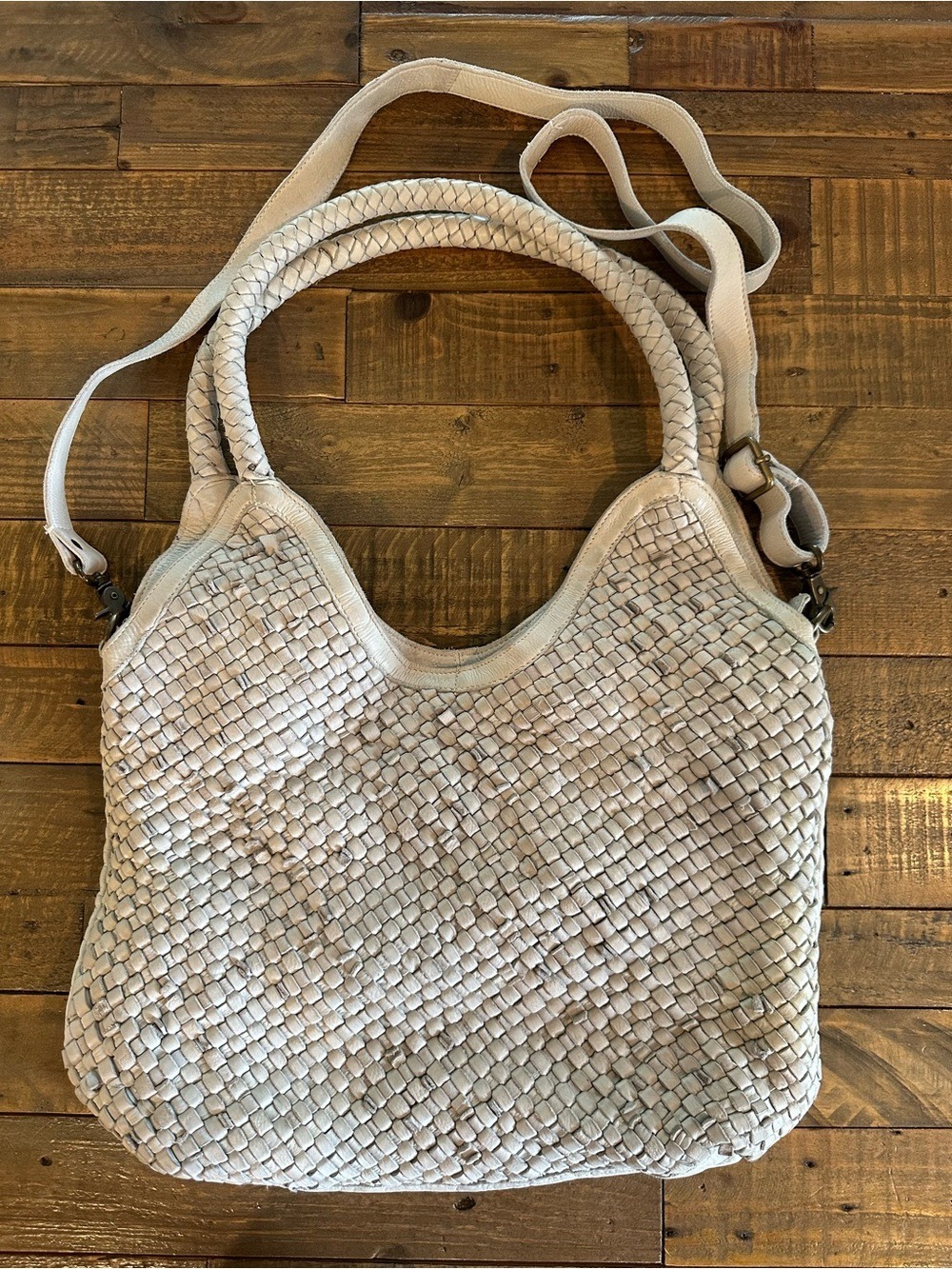 Free People Llana Woven Cream Leather Large Tote Bag - Picture 2 of 6